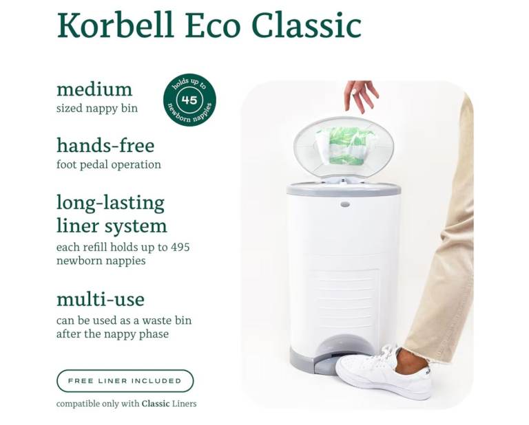 Korbell Eco Classic 16L Nappy Bin - Hands-Free Foot Pedal