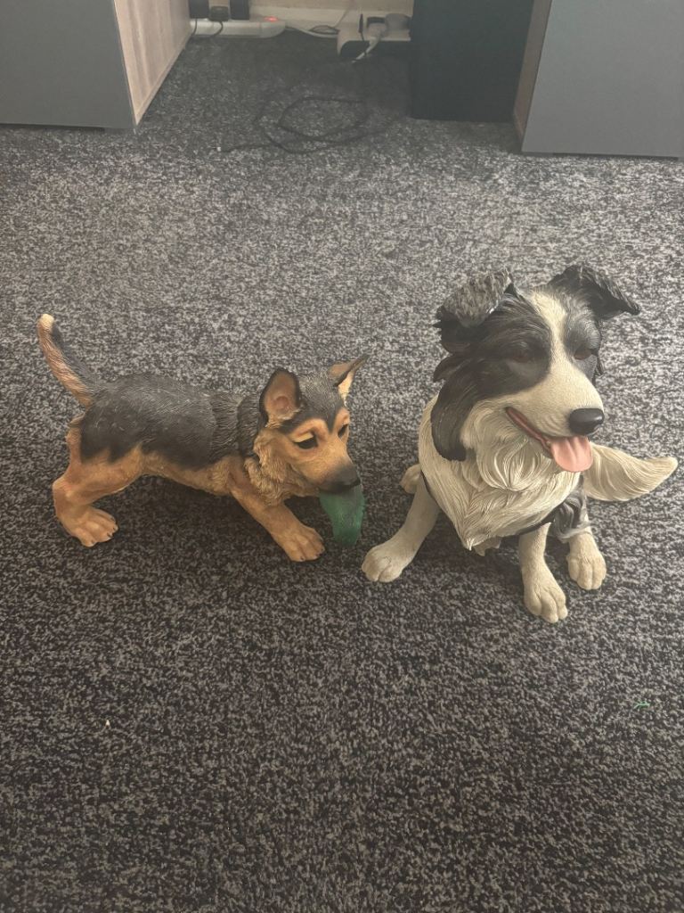 Sherman Shepard with shoe and border collie figurine dogs