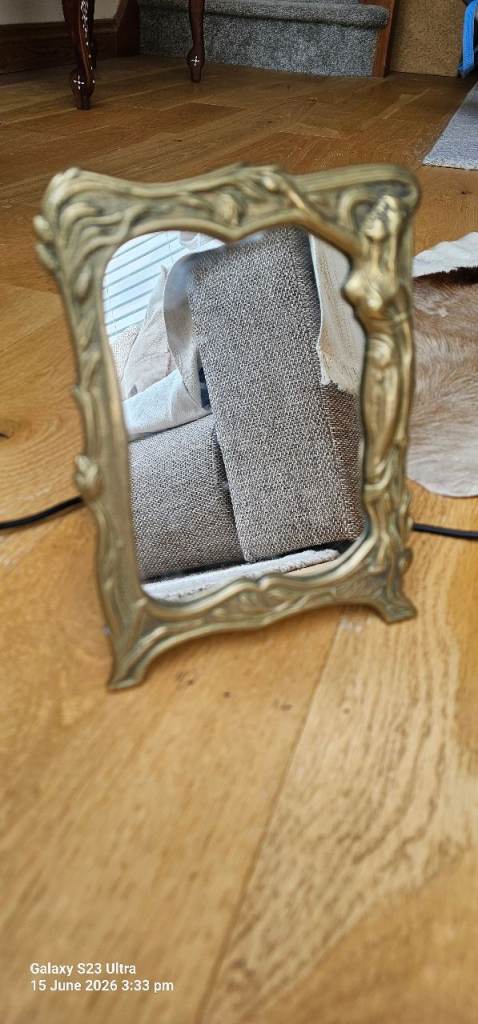 Vintage Art Nouveau Style Brass Vanity Mirror, Figural Lady / Maiden, Easel Back Tabletop Mirror"