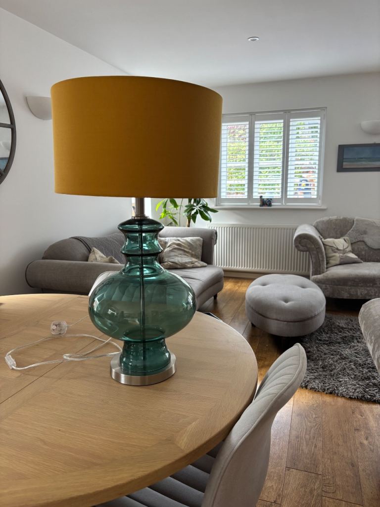 Stylish Glass Table Lamp with Mustard Shade – As Good As New