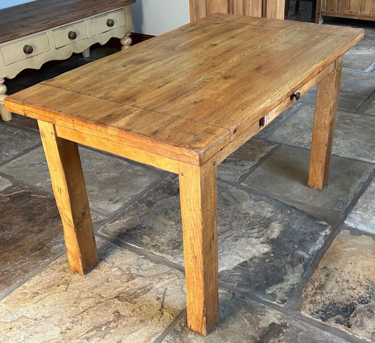 Solid Oak French Country Kitchen Table (extending) & 4 Rush Seat Chairs