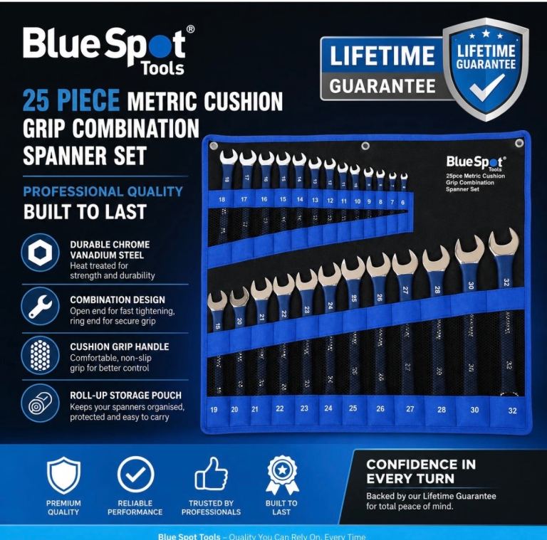 25pc Combination Spanner Set Soft Grip 6-32mm Open End Ring Tool Roll Polished