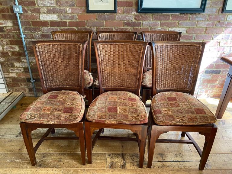 Set of 6 Solid Wood Dining Chairs – Woven Backs / Vintage Style