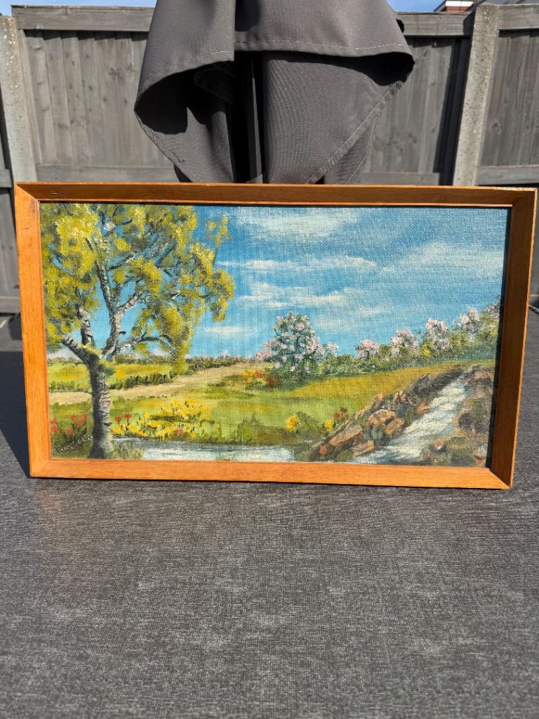 Vintage Original Oil Painting Country Landscape Stream & Trees Framed Signed