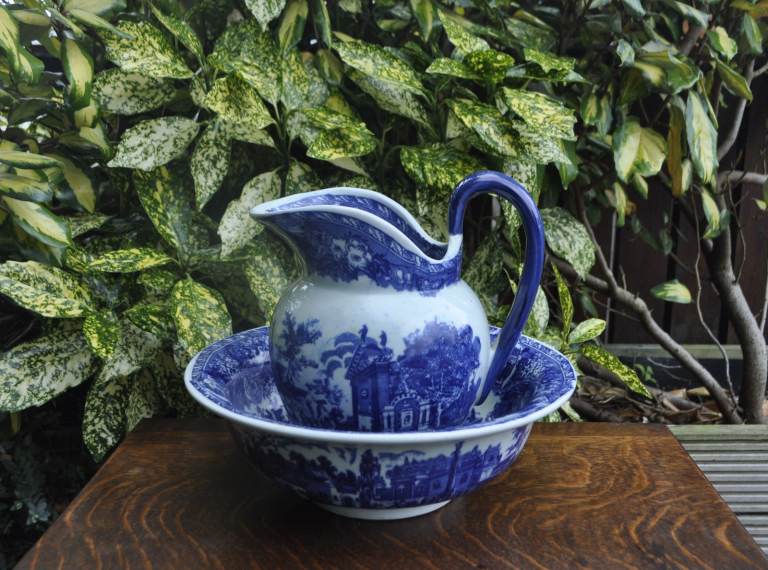 image for Blue and white wash bowl & jug