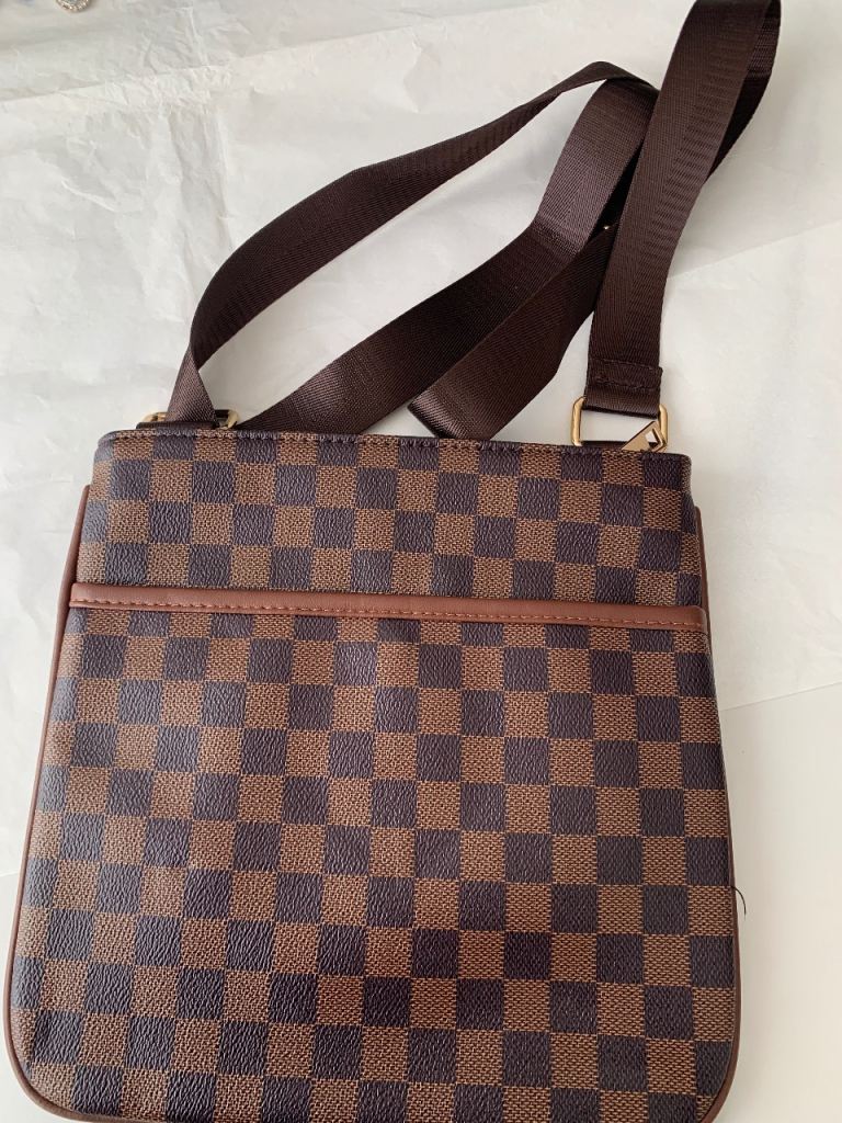 image for Brown faux leather check cross body bag with canvas strap