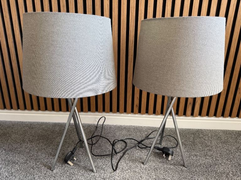 Pair of Grey Fabric Table Lamps with Tripod Bases