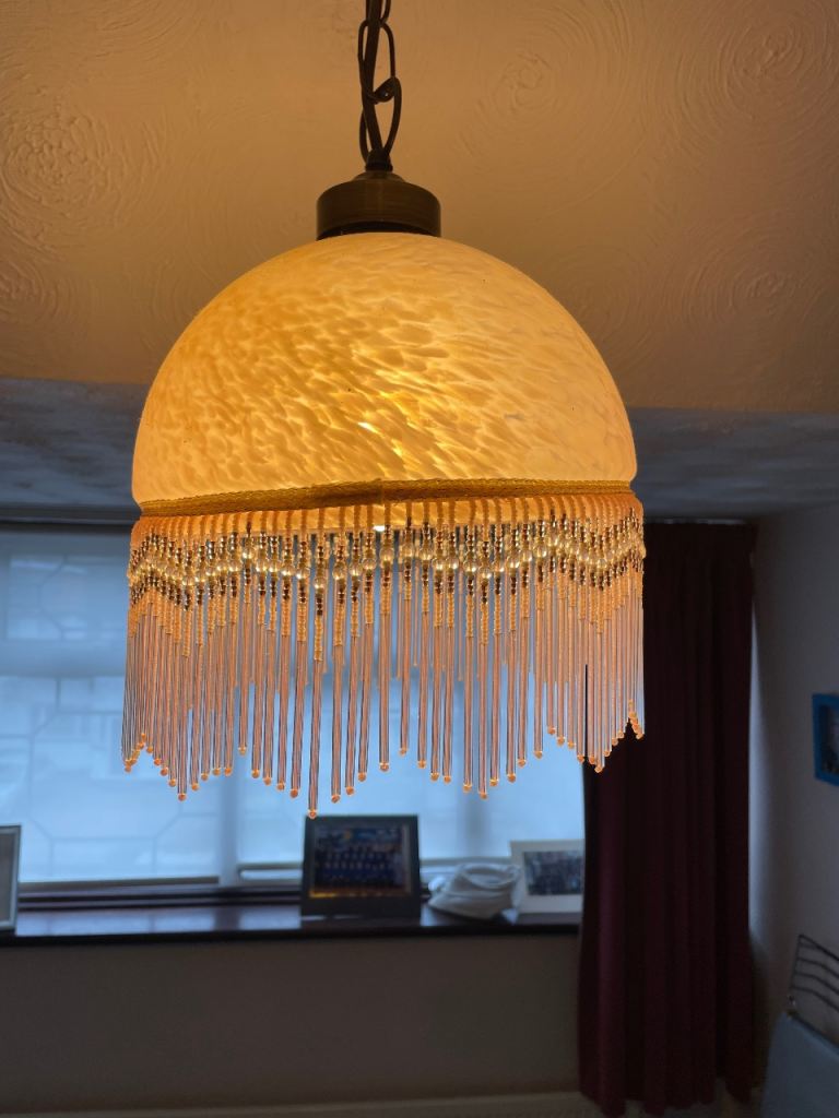 Pair of Pink Art Deco style Ceiling Light Shades with Bead Fringing