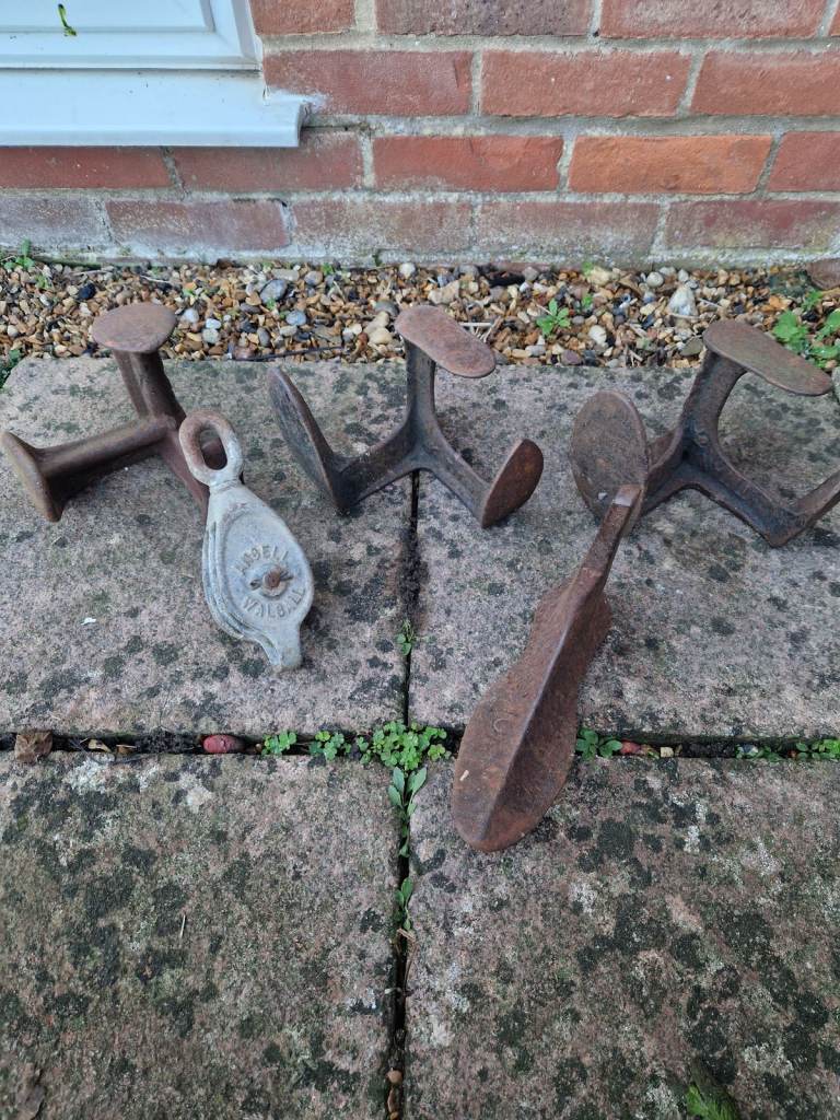 Cast iron Shoe Lasts x3 and vintage pulley