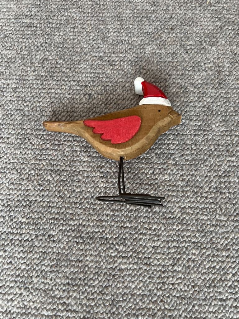 Wooden Christmas Robin Decoration with Santa Hat