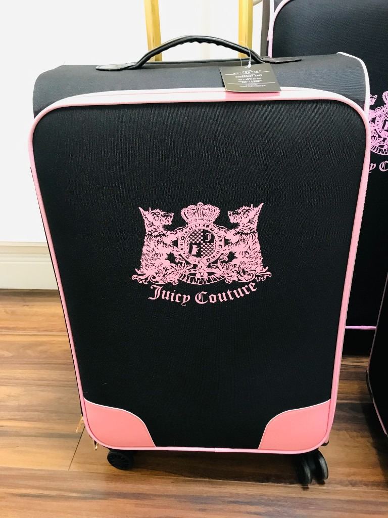 NEW JUICY COUTURE TWIN DOGS DESIGNER BLACK & PINK LIGHTWEIGHT SUITCASE SIZE LARGE