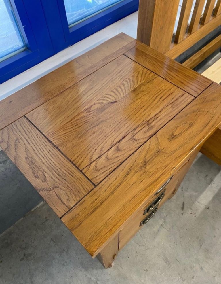 Solid Oak King Size Bed with Bedsides, Mirror and Tall Boy Chest of Drawers