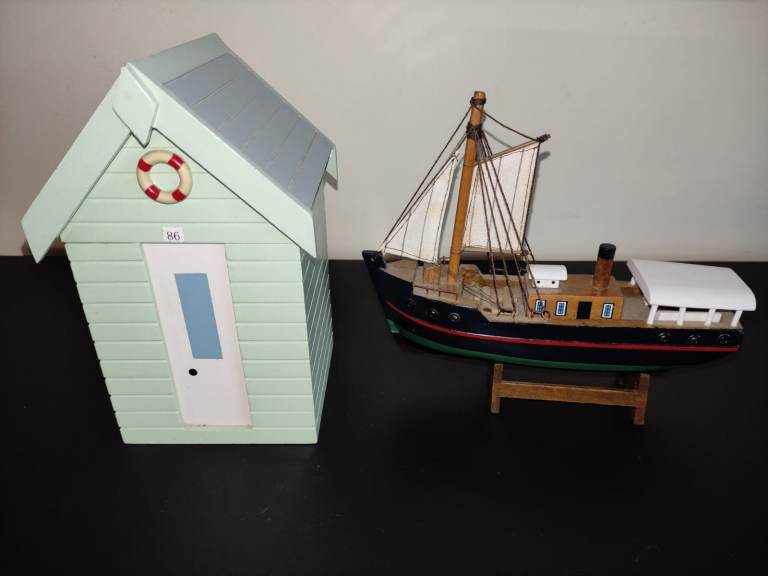 Wooden Money Box Beach Hut & Wooden Boat Yacht Ornament   