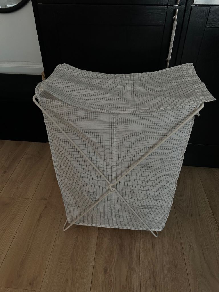 Ikea White checked Laundry Basket with Metal Frame – Good Condition