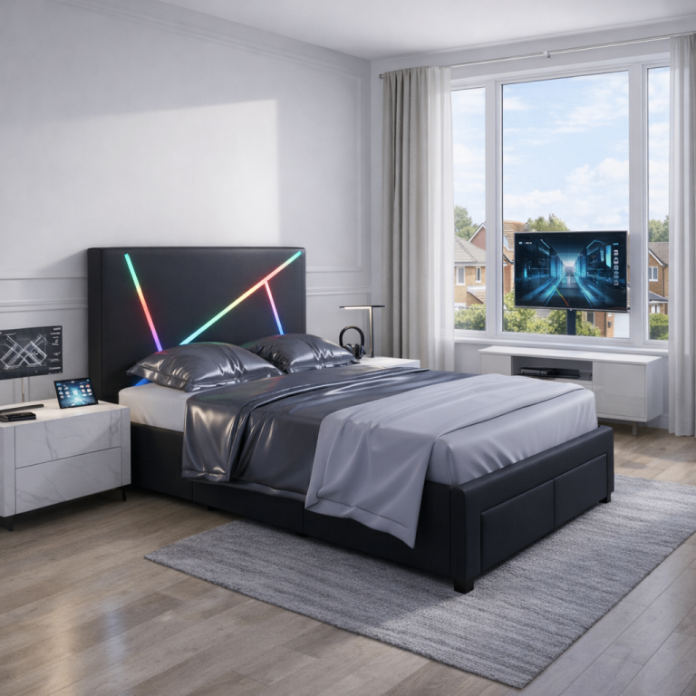 LED Gaming Bed - Leather Double Bed Frame with 4 built in Drawers and remote for the lights
