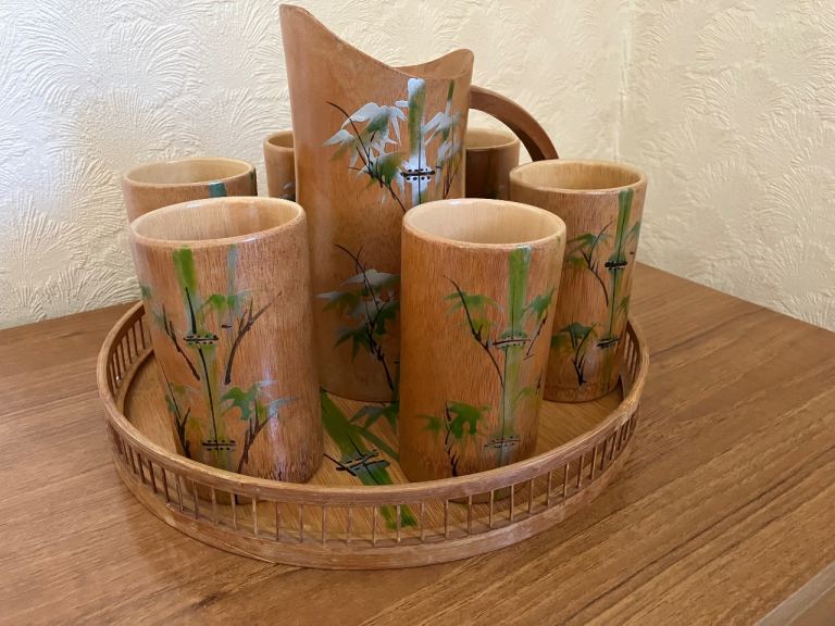 Vintage Japanese Bamboo Tumblers, Jug And Tray