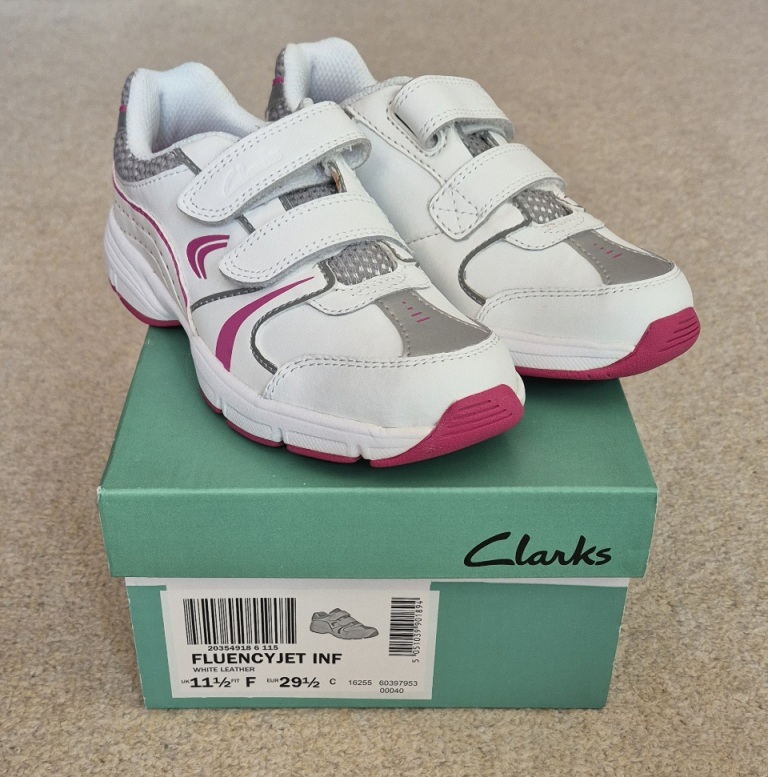 Clarks Fluencyjet Inf Kids Trainers – White Leather, UK 11.5, New