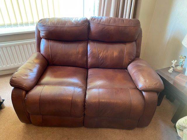 FREE. PENDING COLLECTION  Mid brown Leather reclining 2 seater sofa and armchair