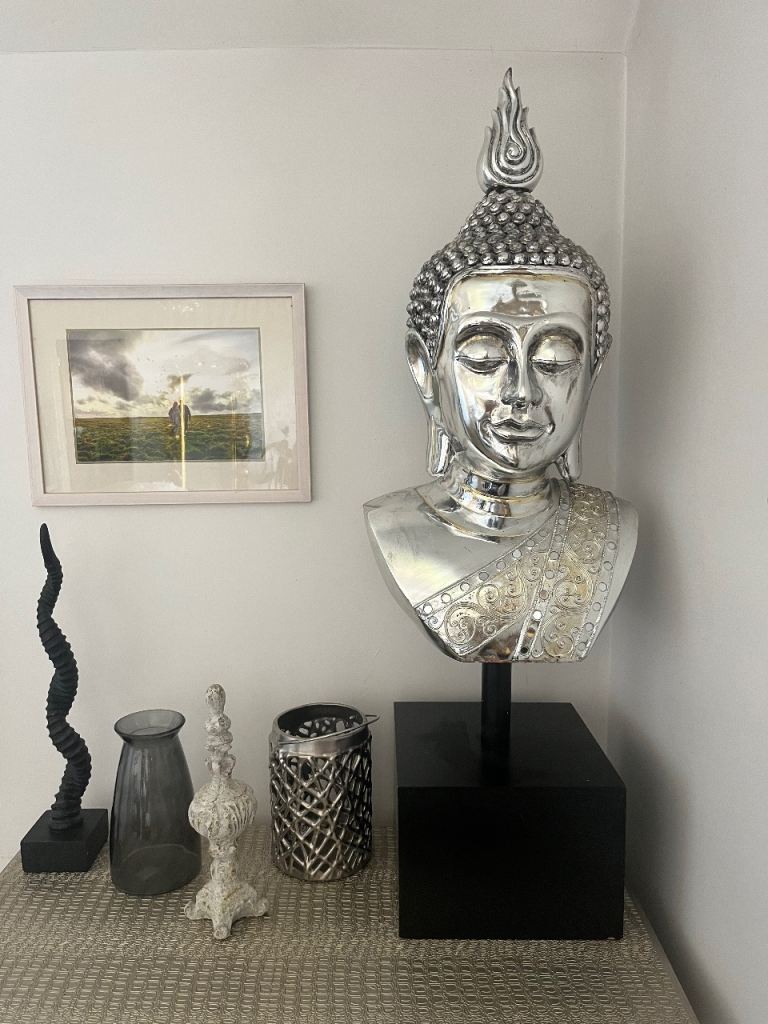 Large silver Buddha bust, eye catching statement piece 