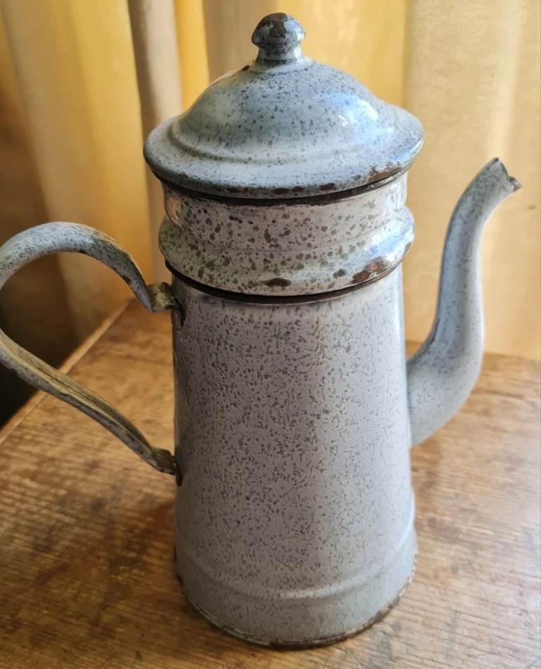 Antique Rare French 4 Piece Drip Blue Mottled Enamel Coffee Pot Cafeteria