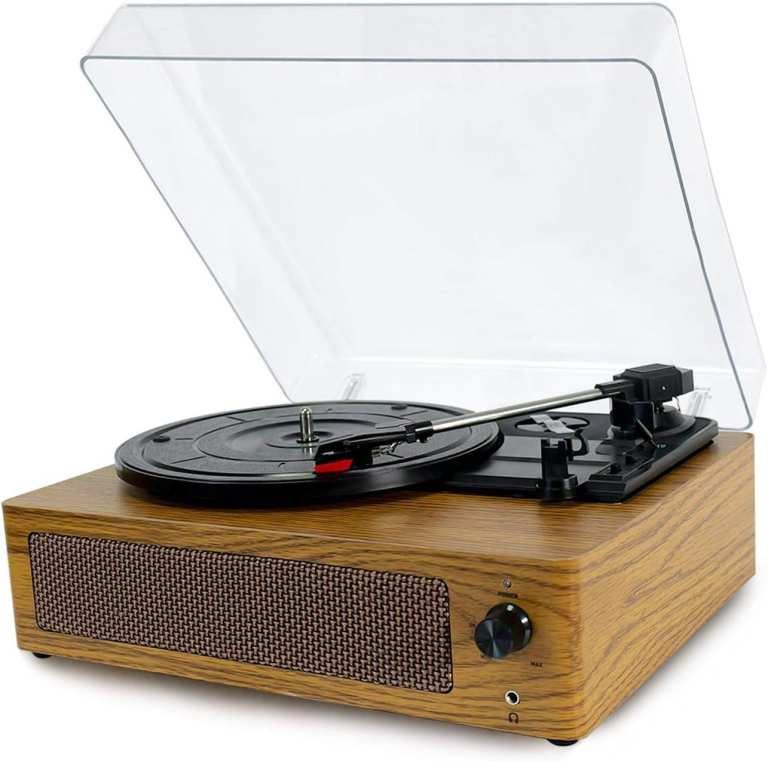 WOODEN CABINET WITH RECORD PLAYER AND BUILT IN SPEAKERS 