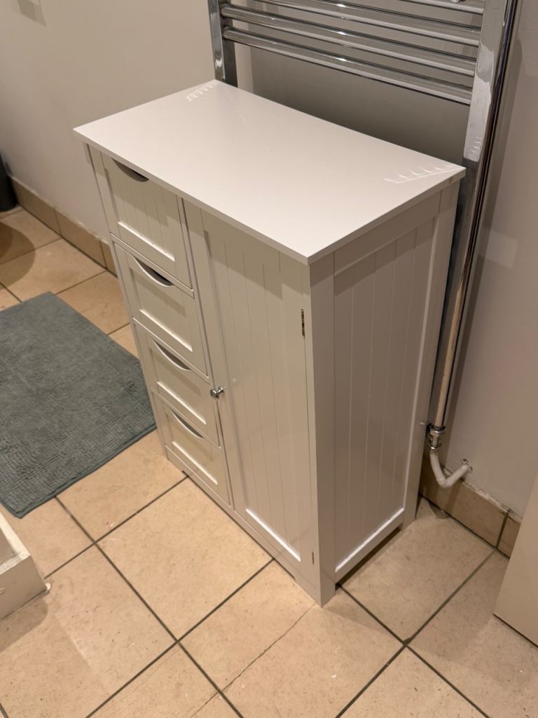 White Bathroom Storage Cabinet with Drawers and Cupboard