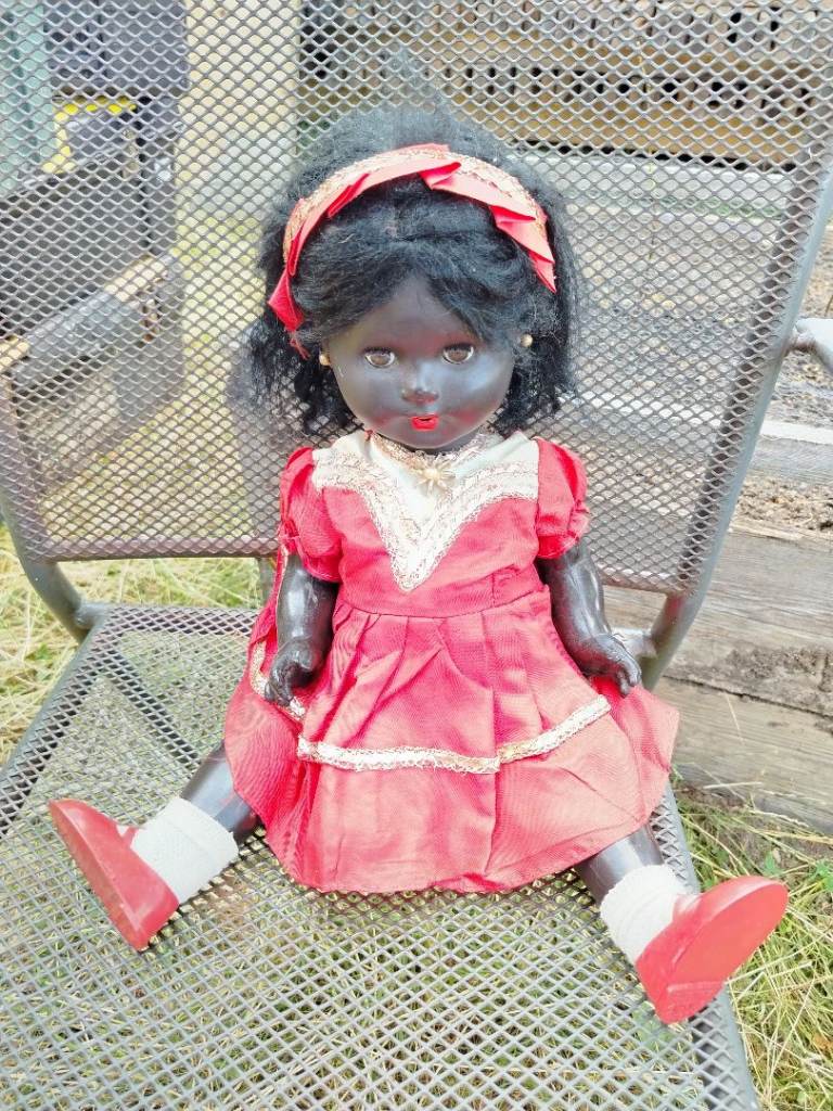 Vintage Black Ethnic Baby Doll with Red Dress and Headband - Kemnay