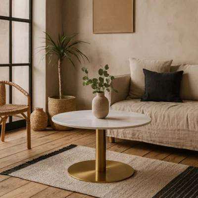 MADE Round White Marble Coffee Table – Solid Marble & Brushed Brass