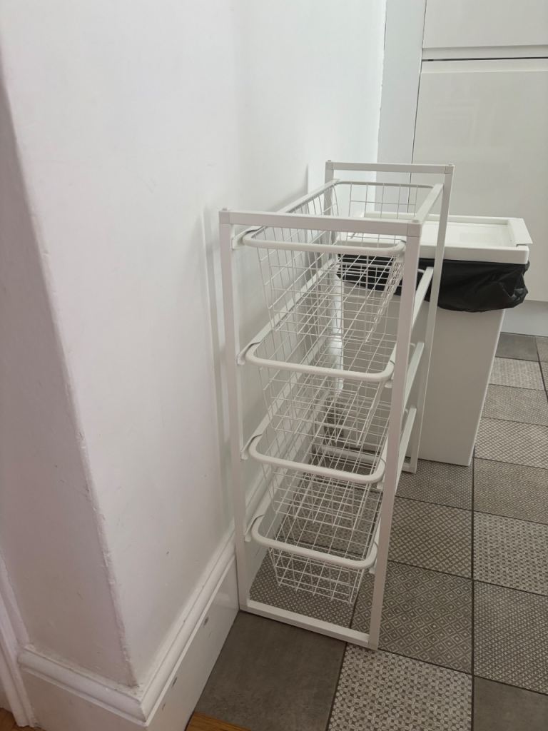 IKEA White Metal Storage Unit with 4 Wire Baskets