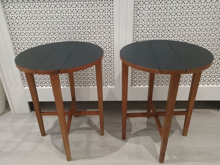 2 x Vintage Mid Century Ash Grey Folding Side End Lamp Bedside Table Plant Stands