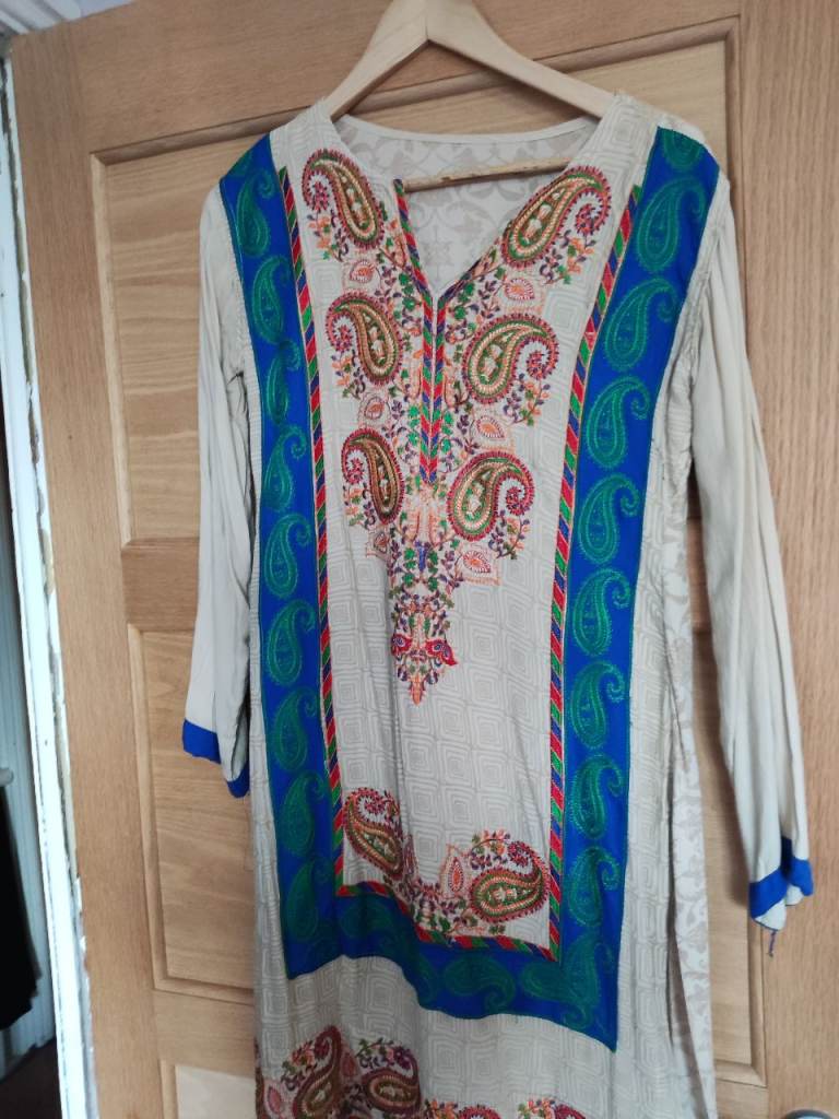 Cream and Blue Embroidered Traditional Ladies Tunic Top