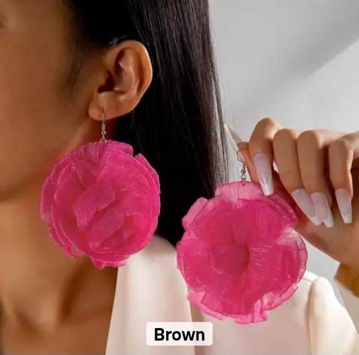 New Pink Fabric Flower Drop Earrings