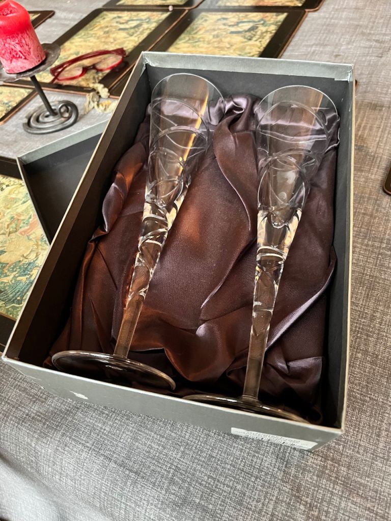 Pair of Elegant Clear Glass Champagne Flutes in Box