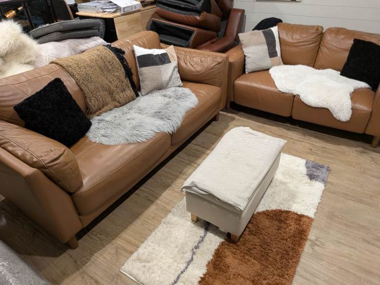 Pair of brown leather sofas , 2 seater and 3 seater , may split 