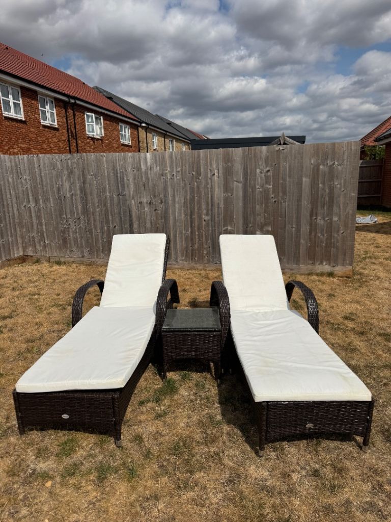 Pair of Rattan Garden Sun Loungers with Small Table