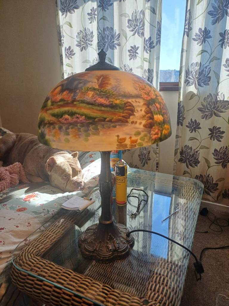Metal Table Lamp with Hand-Painted Cottage Scene Shade