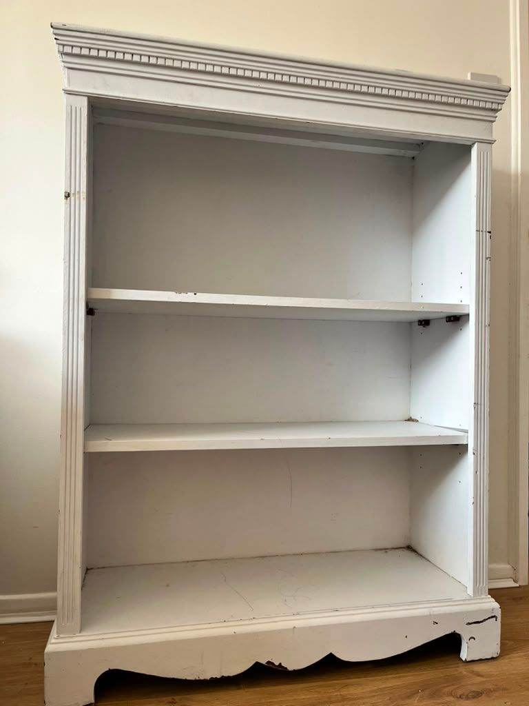 White Wooden Bookcase – Solid Build, Needs a Tidy Up