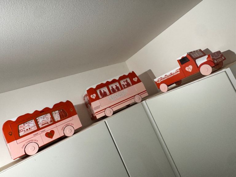 Cute Red & Pink Cardboard Bus and Truck Boxes - As Good As New
