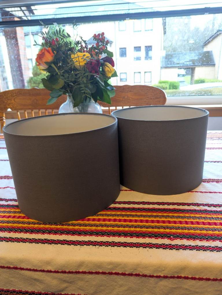 Pair of Modern Drum Lampshades – Neutral Grey – Excellent Condition