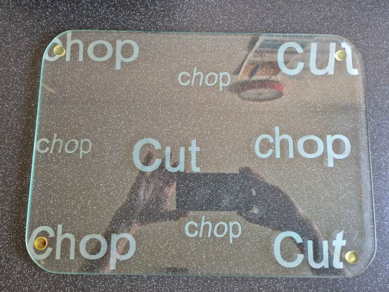 Kitchen glass chopping board 36cm x 26cm in size - "Chop chop cut" design