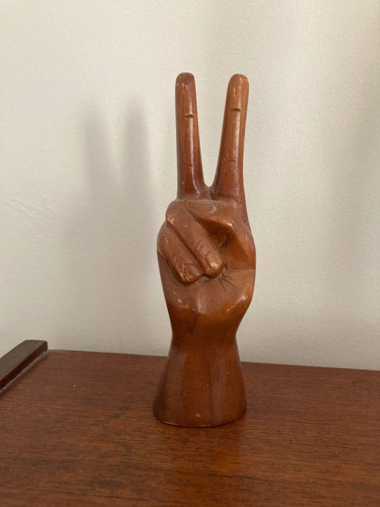 Retro Peace two finger carved wood Sculpture 