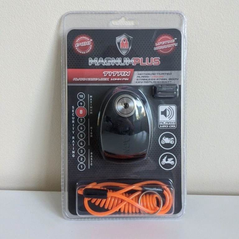 Magnum Plus TITAN Alarm Disc Lock 10mm Pin 120db Motion Activated Rating 8