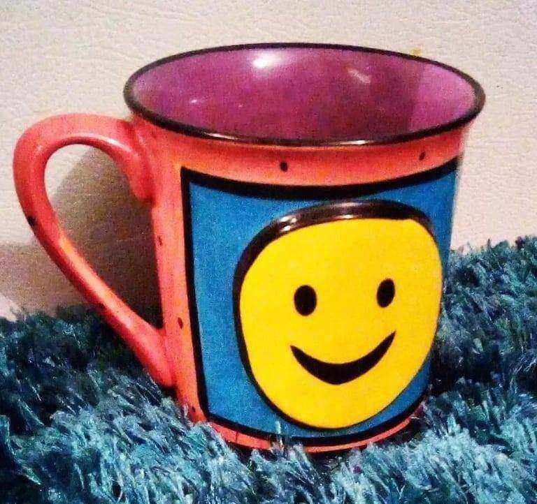 Orange Yellow Blue Emoji Smiley Face Mug.POST OR COLLECT!