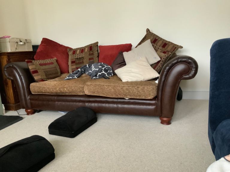 Designer DFS Custom Sofa With Cushions Included Leather sofa base with fabric cushions and seating