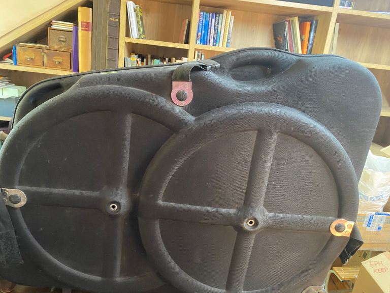  Hard shell Bike Flight Case on wheels with Evans wheel bag