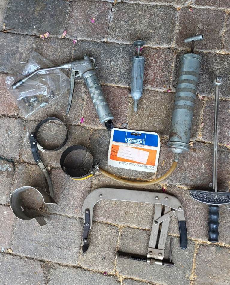 Job Lot of Car Maintenance Tools – Grease Gun, Wrenches, Compressor