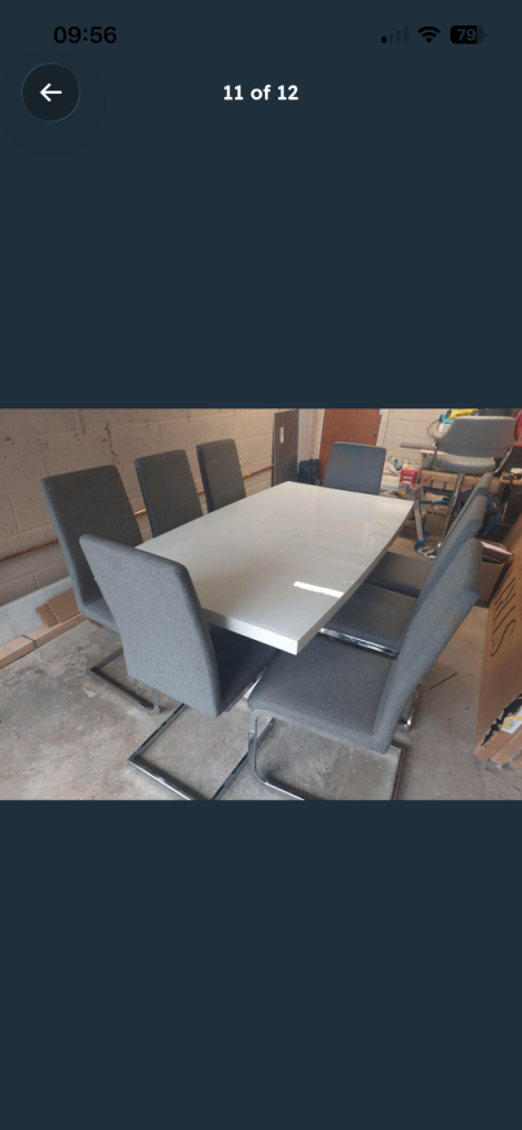 Extendable High Gloss White Dining Table with 8 Grey Chairs