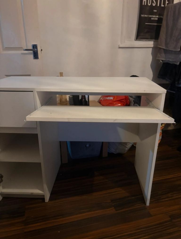 image for White Office/Study Desk with Drawers & Shelves
