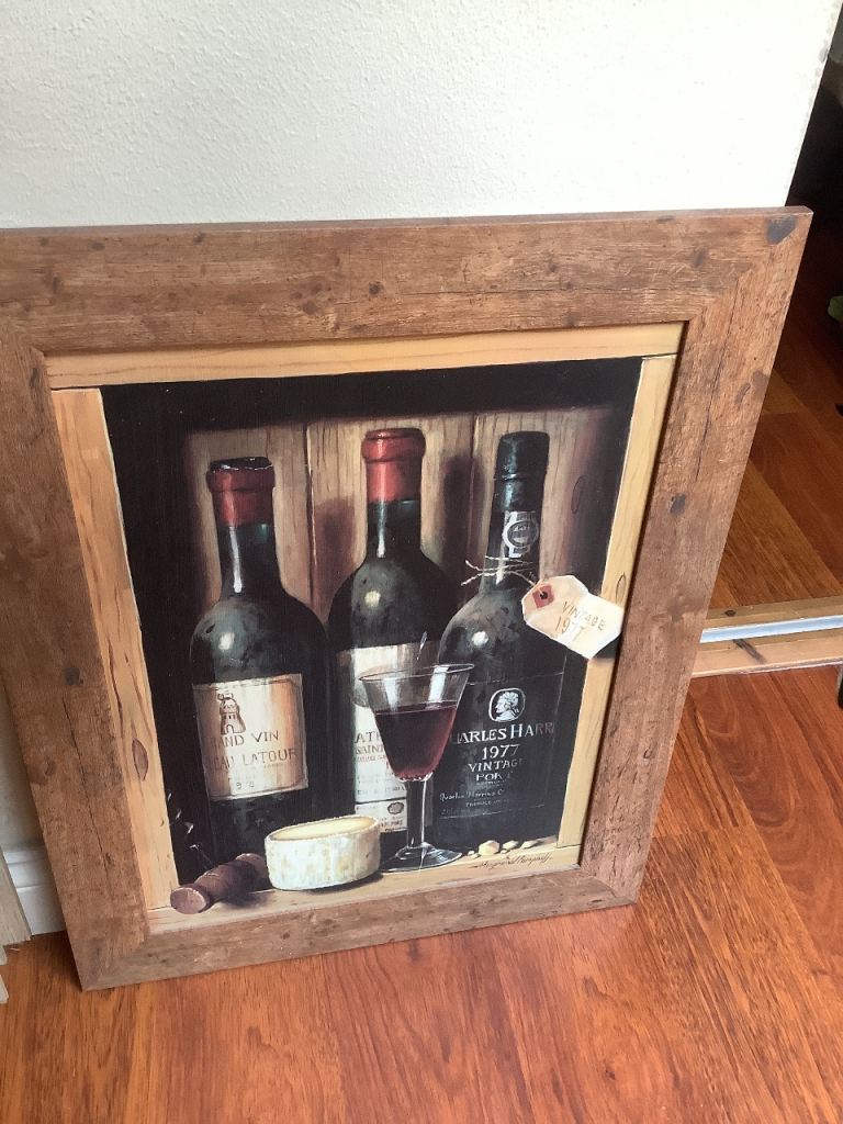 Rustic Wine Bottle Wall Art – Wood Frame, Good Condition