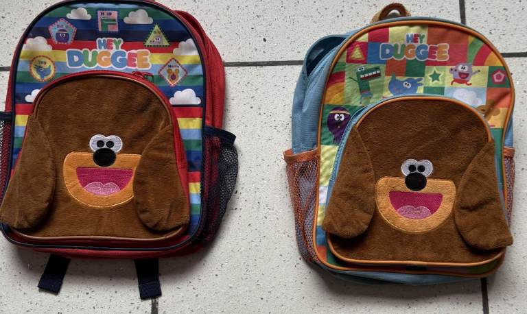 HEY DUGGEE DOG CUTE BACKPACKS, RED OR BLUE, LITTLE USED, ONLY £6 EACH, COST £17 CAN POST